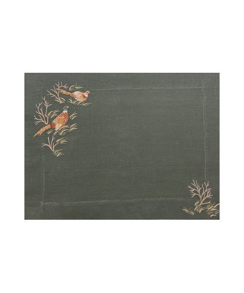 Pheasant Hand-Embroidered Table Linens Collection in Hunter Green