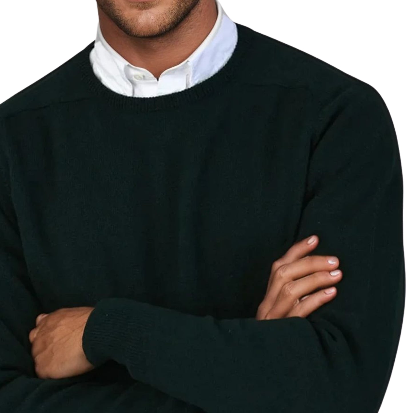 Men's Geelong LambswoolCrew Neck Sweater With Saddle Shoulder | Tartan Green