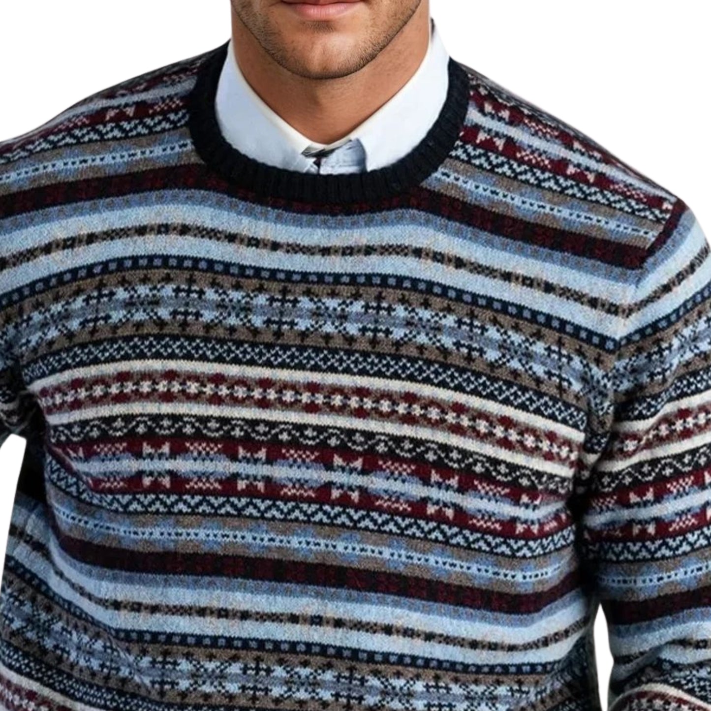 Men's Lambswool Fair Isle Crew Neck Sweater | Navy Blue