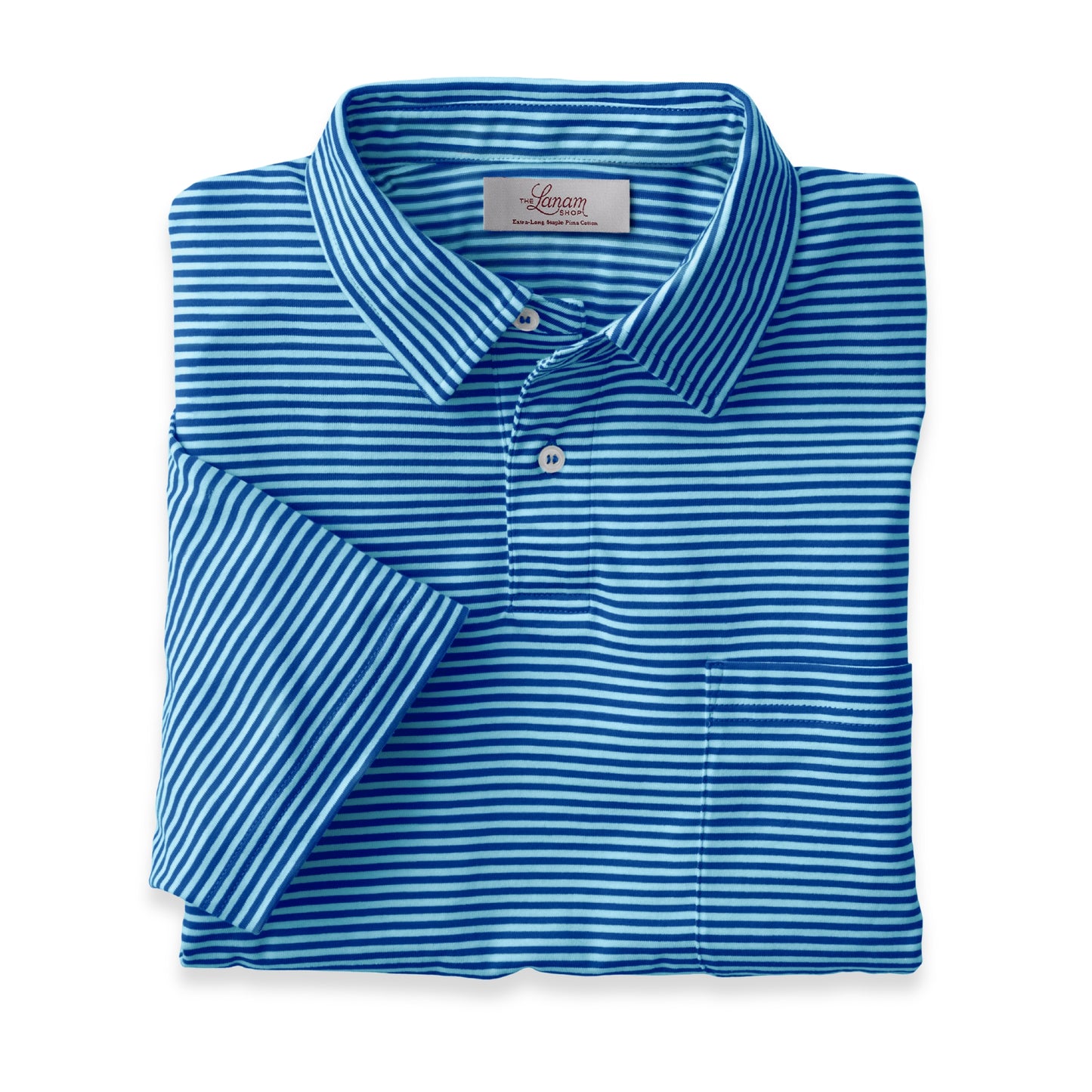Men's Pima Cotton Jersey Striped Polo Shirt With Sefl-Collar and Pocket | Coastal Blue and Denim Blue