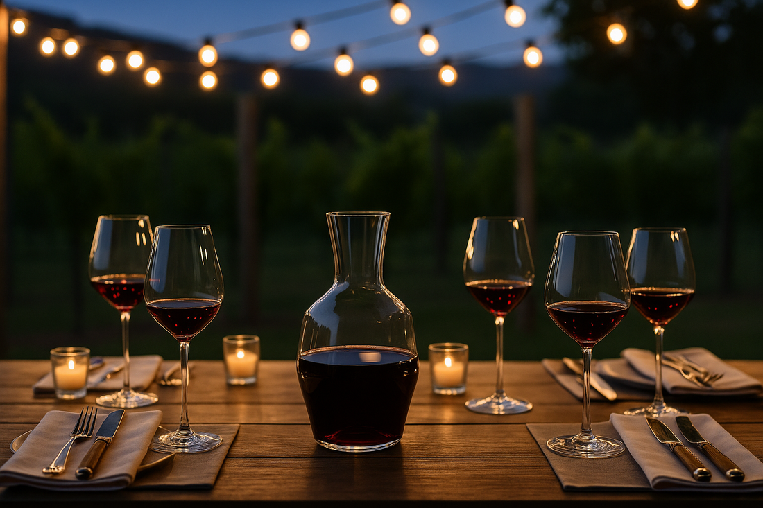 Mark Thomas Double Bend wine glasses and 1.5L decanter on luxury outdoor vineyard dinner table at sunset, with Alain Saint-Joanis wood-handle flatware and votive candles under string lights