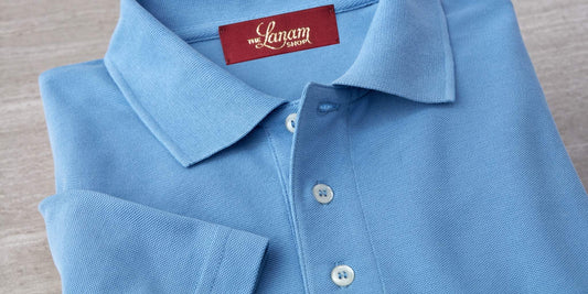 photo of a men's pique polo shirt in coastal blue