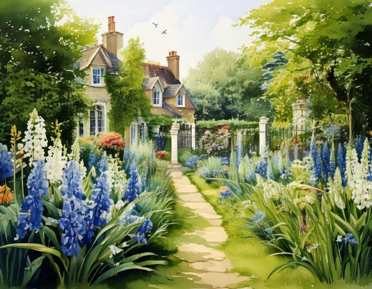a watercolor of an English garden featuring Lily of the Valley, Bluebells, Hyacinth and Jasmine