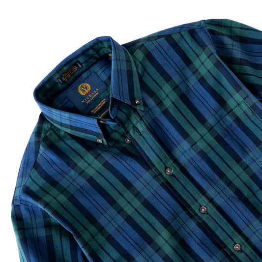 Close-up of a Viyella Black Watch plaid button-down shirt, showing the blue and green pattern and available in Traditional, Tailored, Tall, and Large sizes.