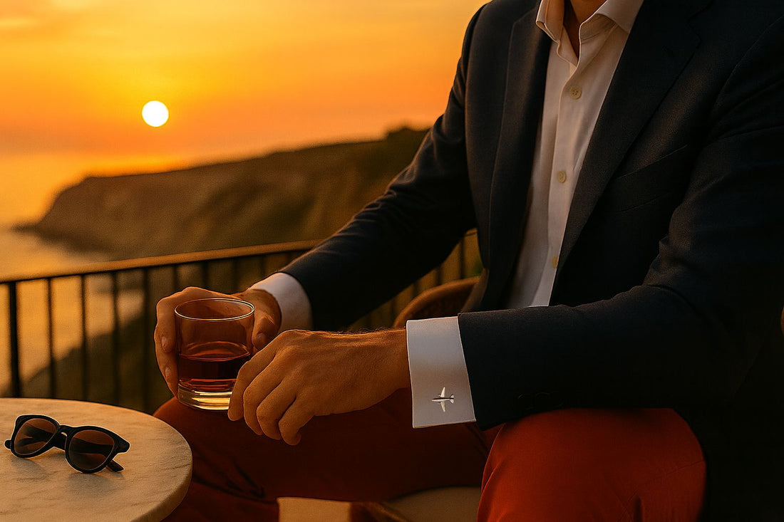 Man seated on a terrace at sunset wearing a navy blazer, white French cuff shirt with sterling silver airplane cufflinks, and Nantucket red trousers, holding a glass of whiskey with sunglasses on a marble table, overlooking a coastal cliff view.