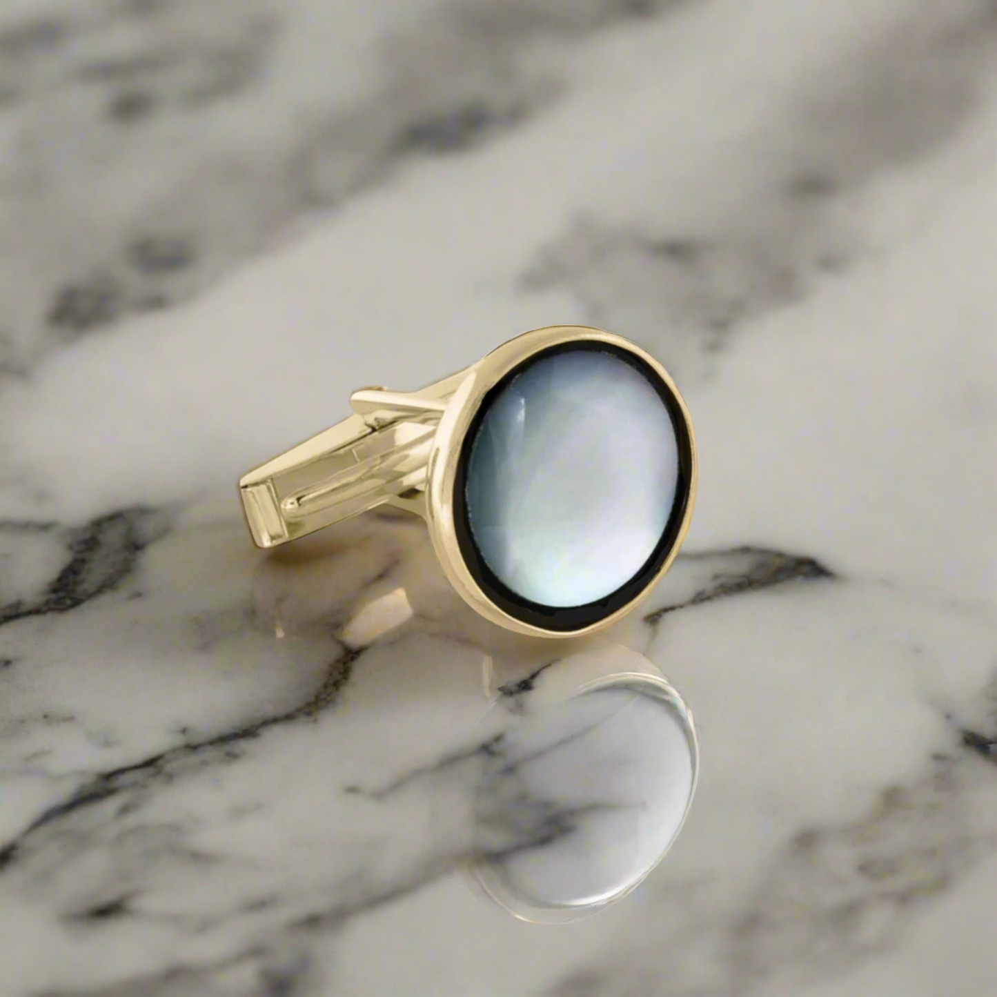14K Gold Round Onyx & Mother of Pearl Cufflinks