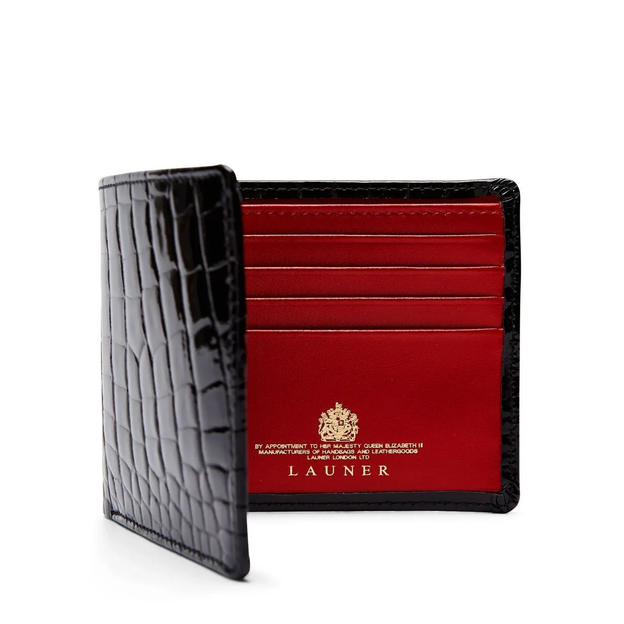 Launer Eight Credit Card Wallet, Black Croco/Guard Red