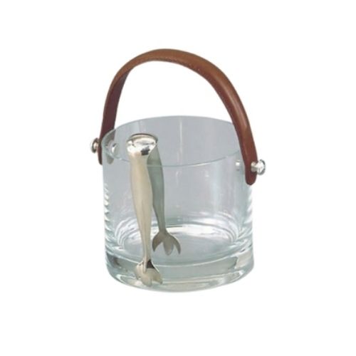 Crystal Ice Bucket with Leather Handle and Knobs in Silverplate