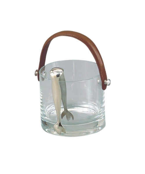 Crystal Ice Bucket with Leather Handle and Knobs in Silverplate