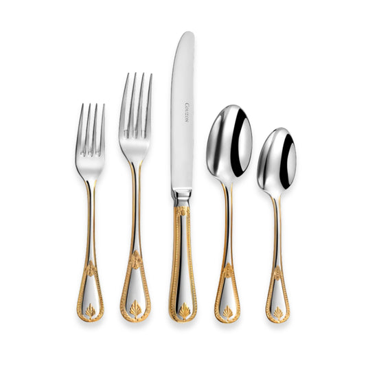 Couzon Consul Stainless Steel Flatware Collection with Gold Accents | Five-Piece Place Setting