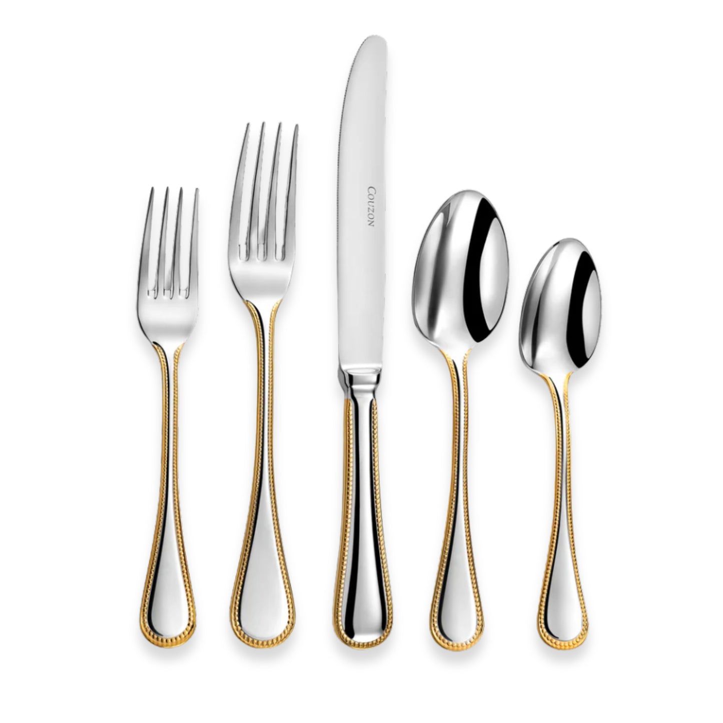 Couzon Le Perle Stainless Steel Flatware Collection with Gold Accents | Five-Piece Place Setting
