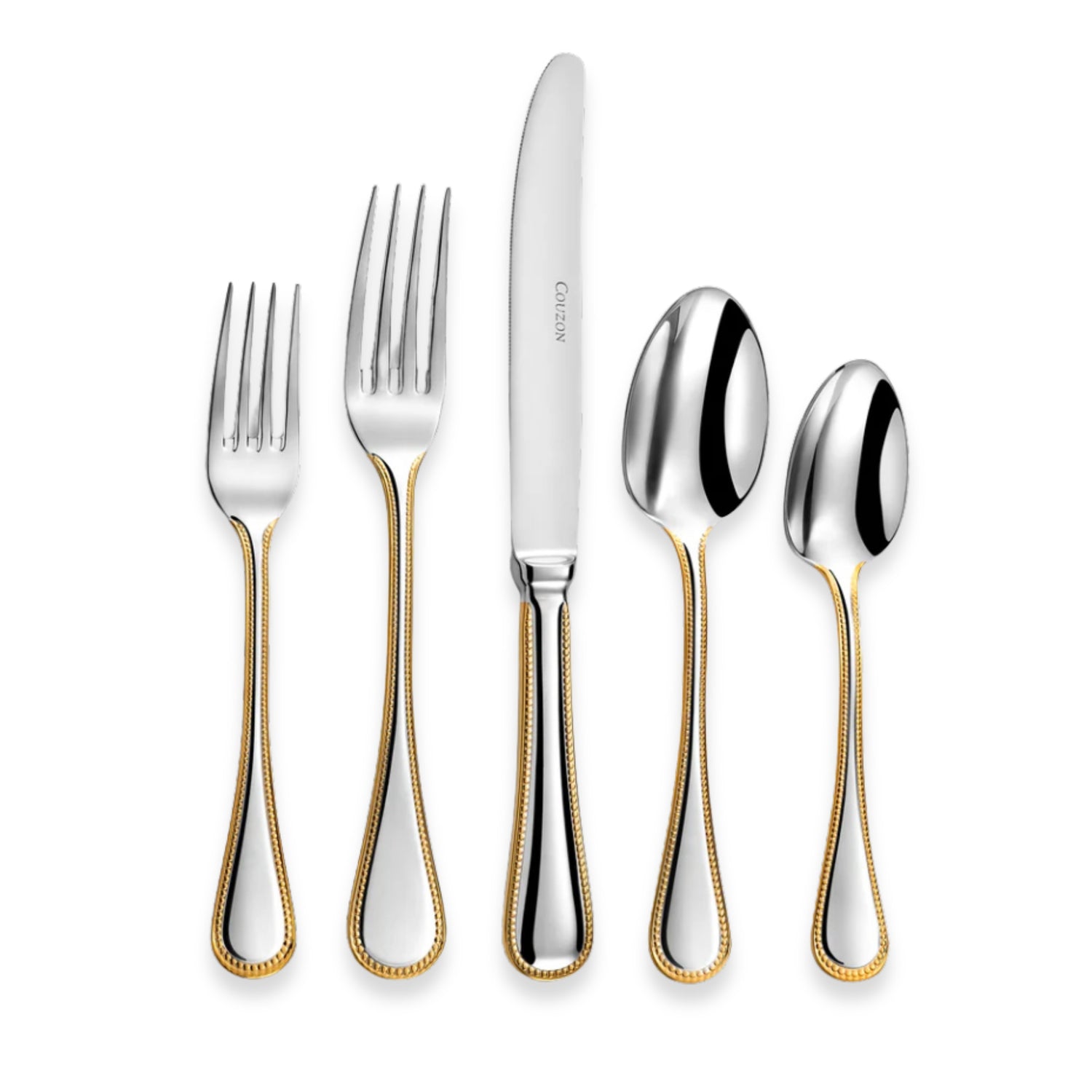 Couzon Le Perle Stainless Steel Flatware Collection with Gold Accents | Five-Piece Place Setting