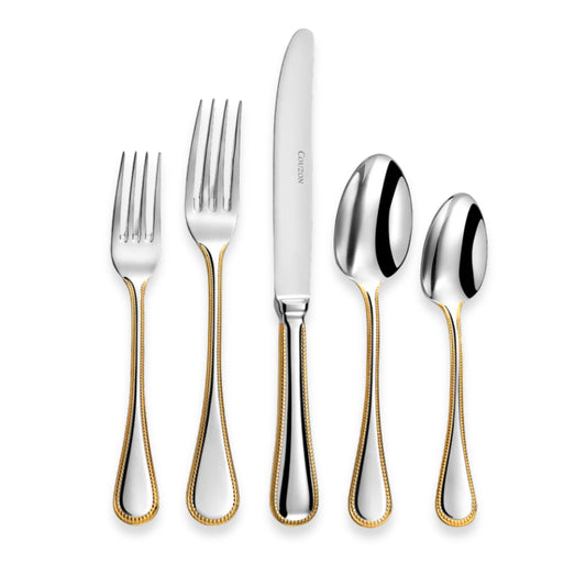 Couzon Le Perle Stainless Steel Flatware Collection with Gold Accents | Five-Piece Place Setting