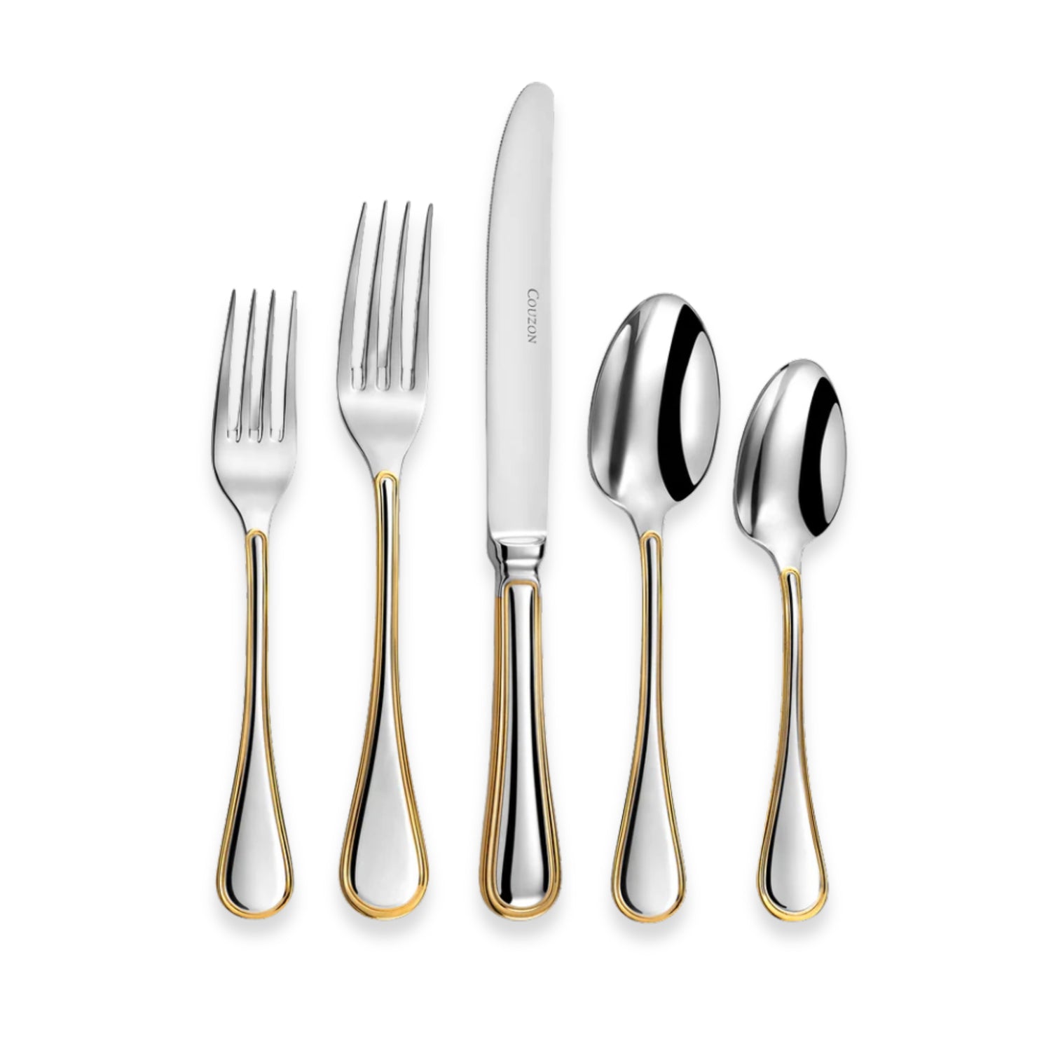 Couzon Lyrique Stainless Steel Flatware Collection with Gold Accents | Five-Piece Place Setting