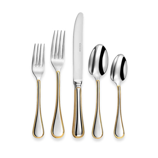 Couzon Lyrique Stainless Steel Flatware Collection with Gold Accents | Five-Piece Place Setting