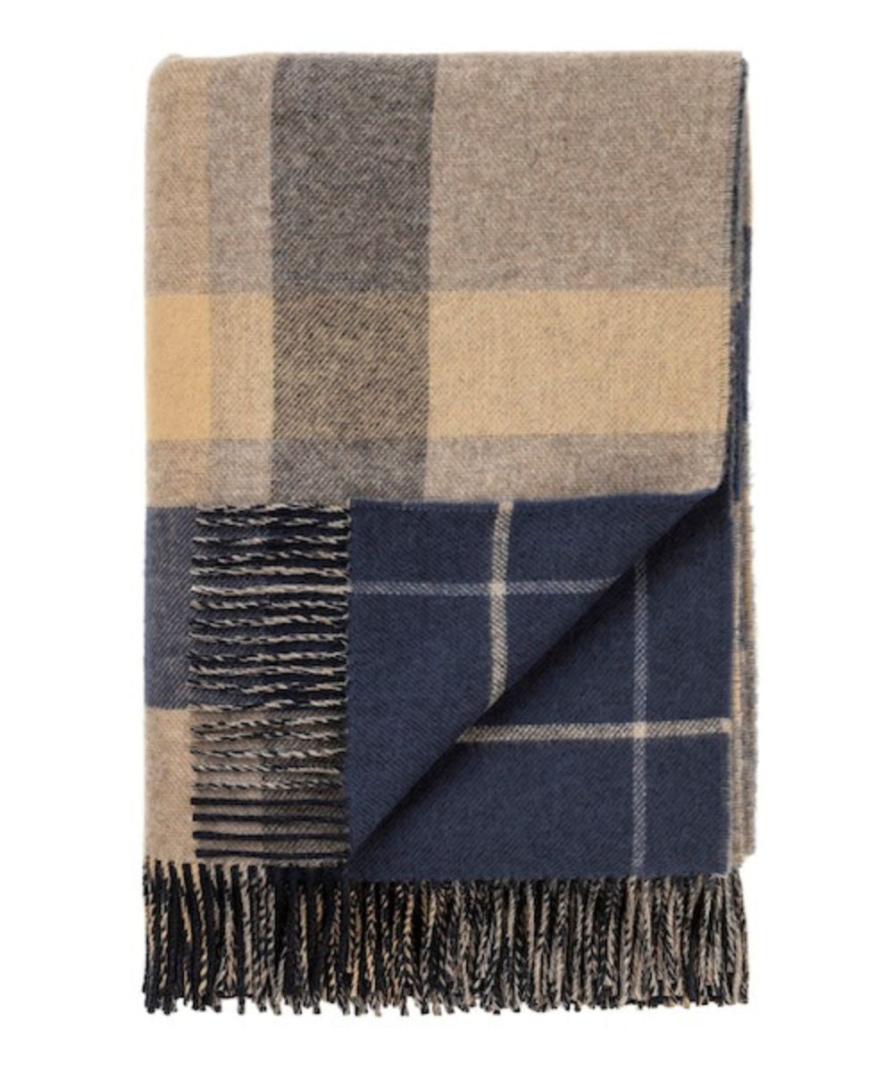 Johnstons of Elgin Lambswool Double Face Check Sofa Throw Blanket in Brown and Navy Overcheck