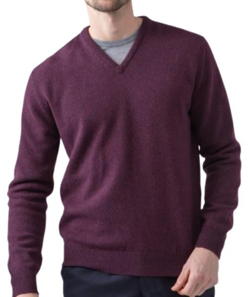 Johnstons of Elgin Men's Lambswool V-Neck Sweater in Black Grape