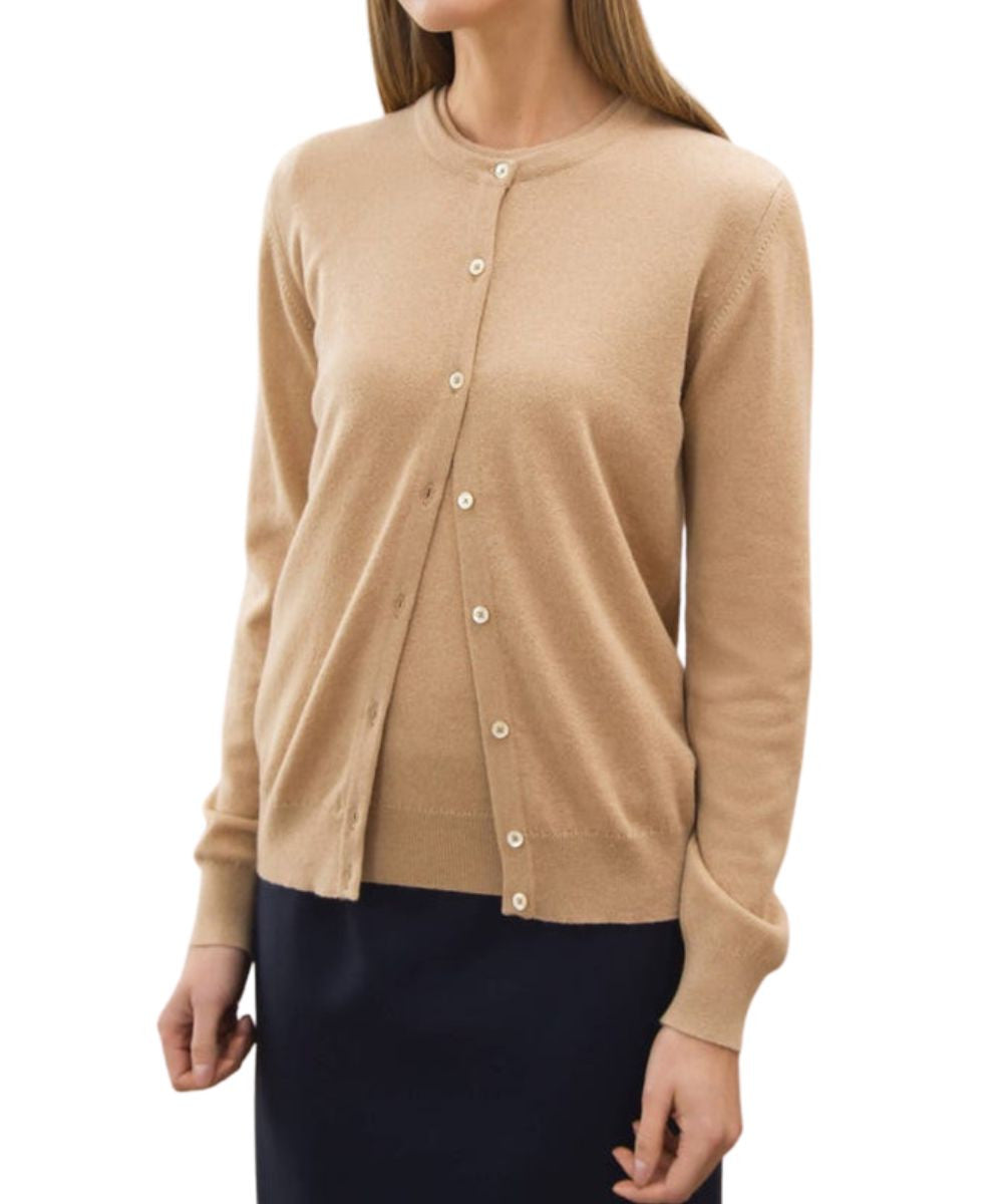 Johnstons of Elgin Women's Cashmere Classic Crew Neck Cardigan in Soft Camel