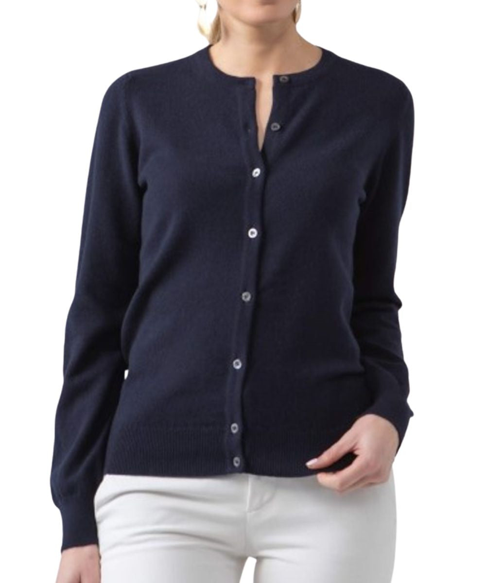 Johnstons of Elgin Women's Cashmere Classic Crew Neck Cardigan in Navy