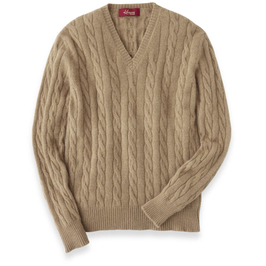 Men's Camel Hair Cable Knit V-Neck Sweater