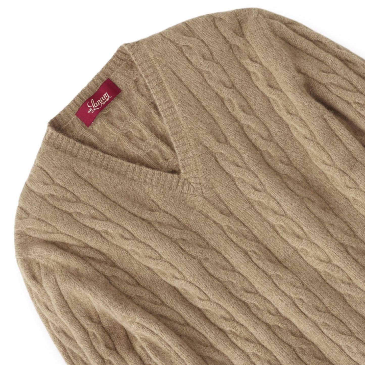 Men's Camel Hair Cable Knit V-Neck Sweater