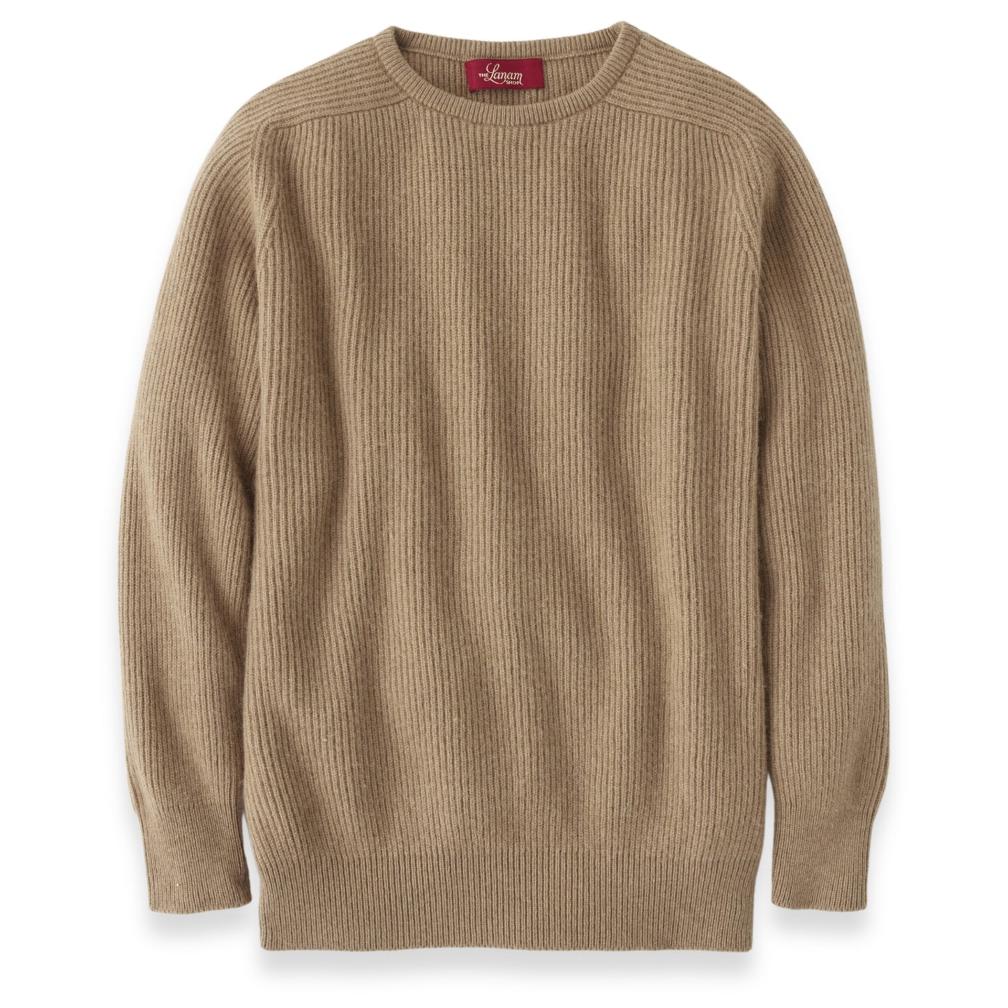 Men's Camel Hair Rib Knit Crew Neck Sweater with Semi-Raglan Sleeve