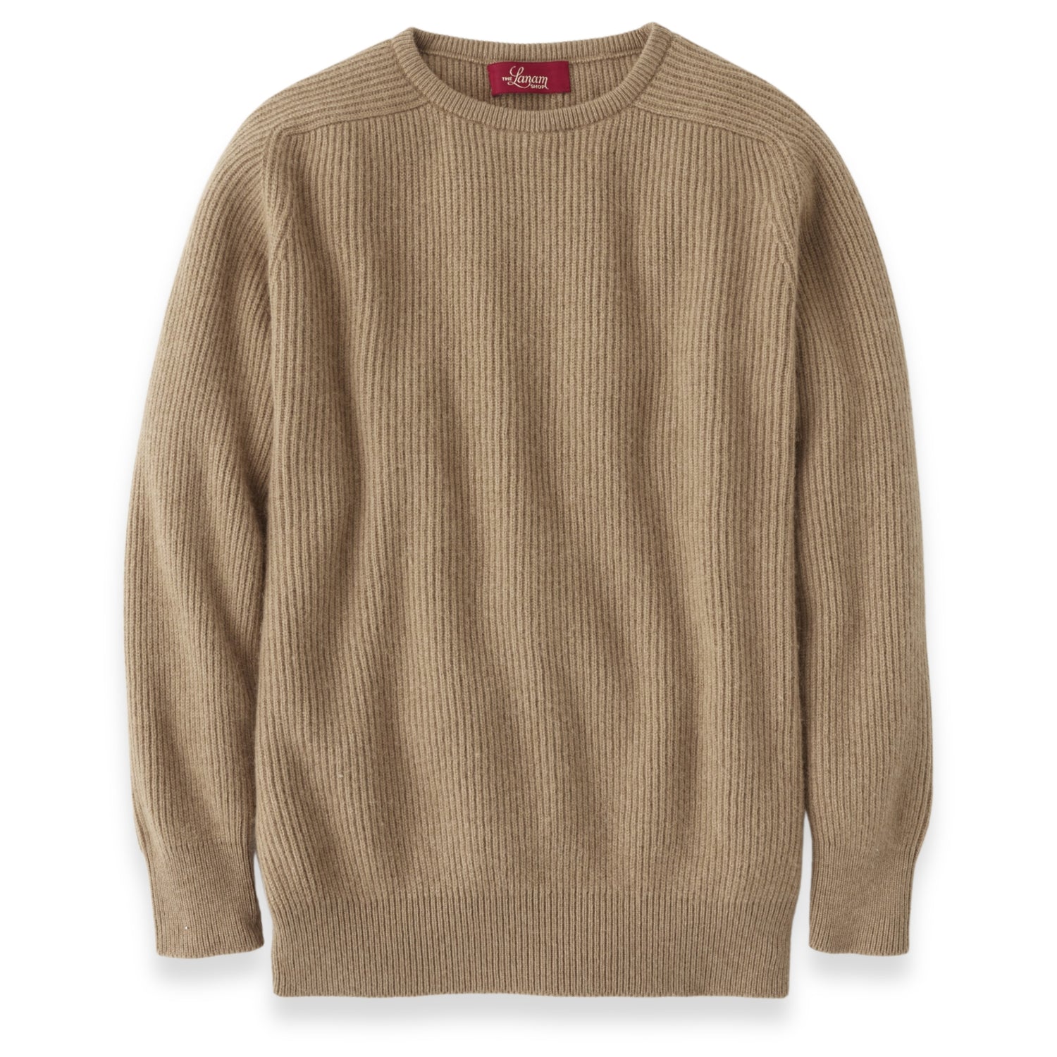 Men's Camel Hair Rib Knit Crew Neck Sweater with Semi-Raglan Sleeve