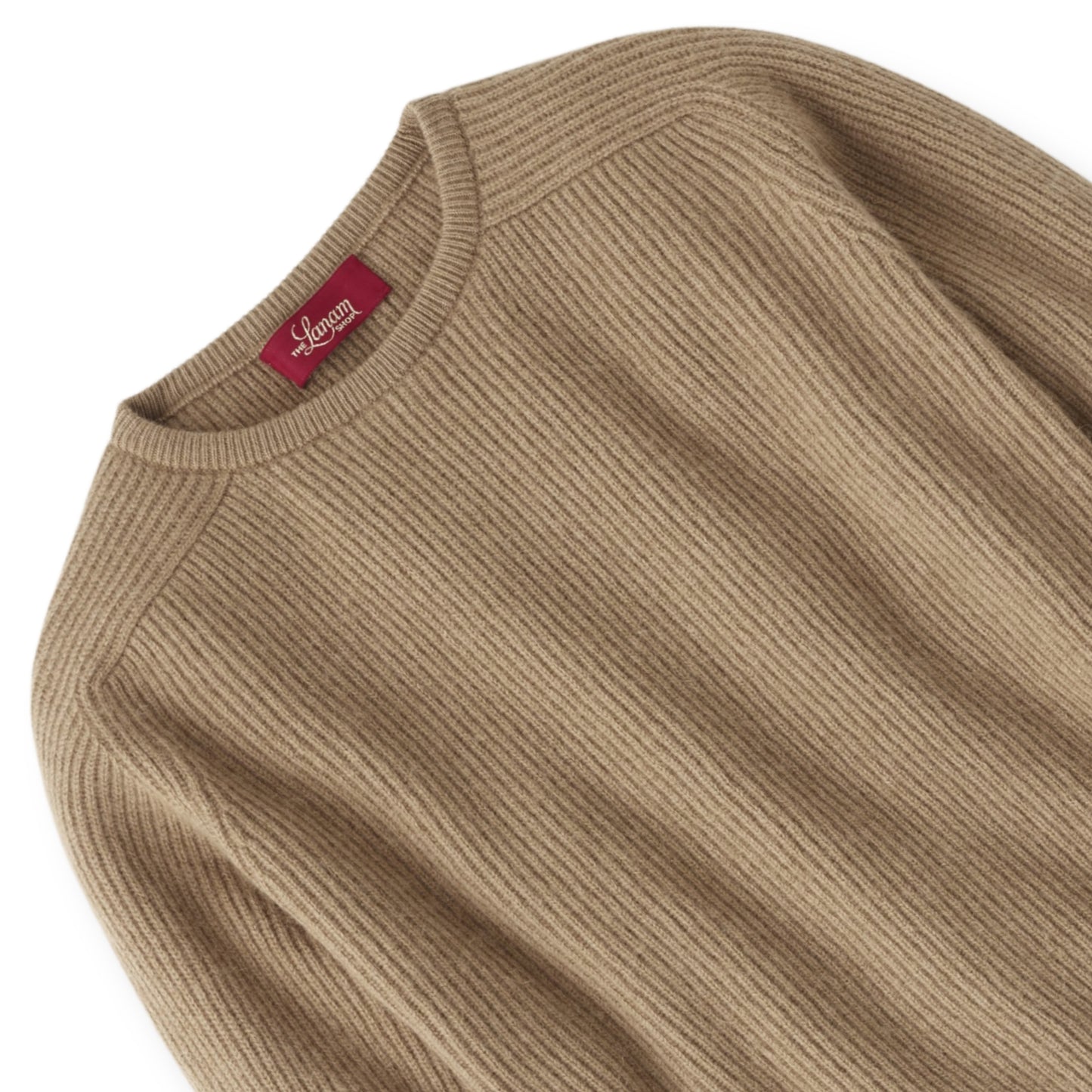 Men's Camel Hair Rib Knit Crew Neck Sweater with Semi-Raglan Sleeve