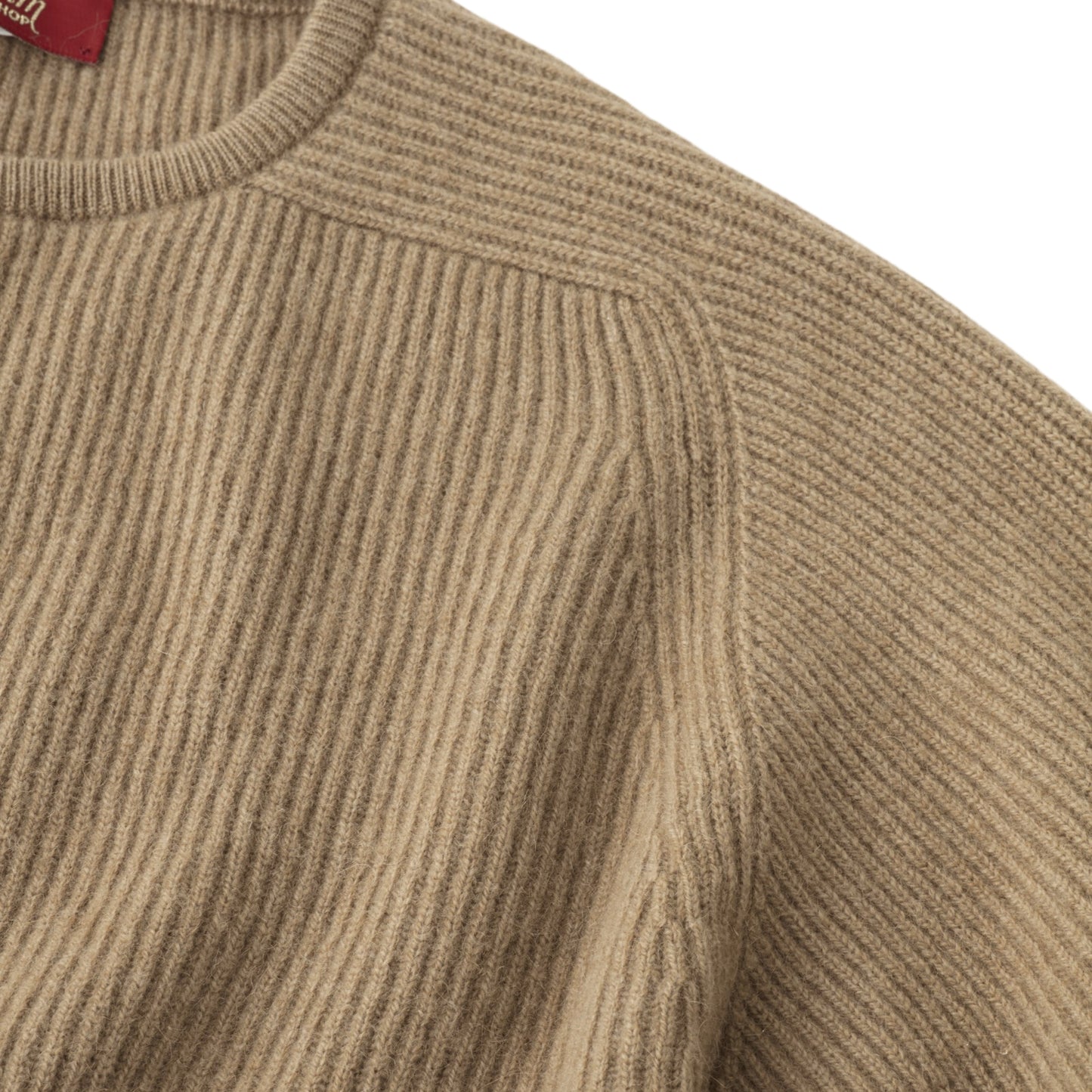 Men's Camel Hair Rib Knit Crew Neck Sweater with Semi-Raglan Sleeve