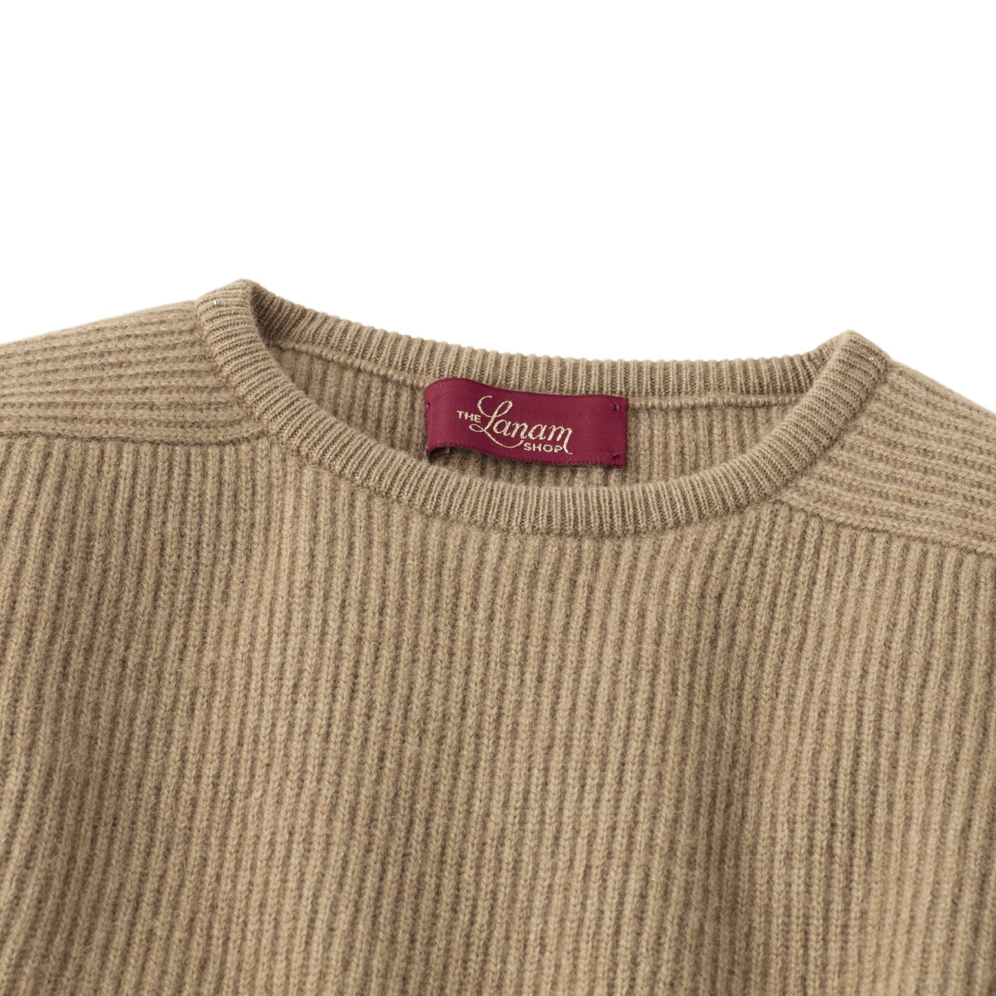 Men's Camel Hair Rib Knit Crew Neck Sweater with Semi-Raglan Sleeve