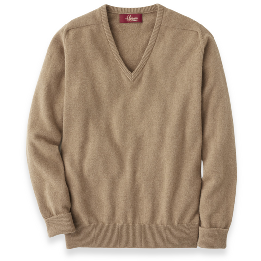 Men's Camel Hair V-Neck Sweater with Saddle Shoulder