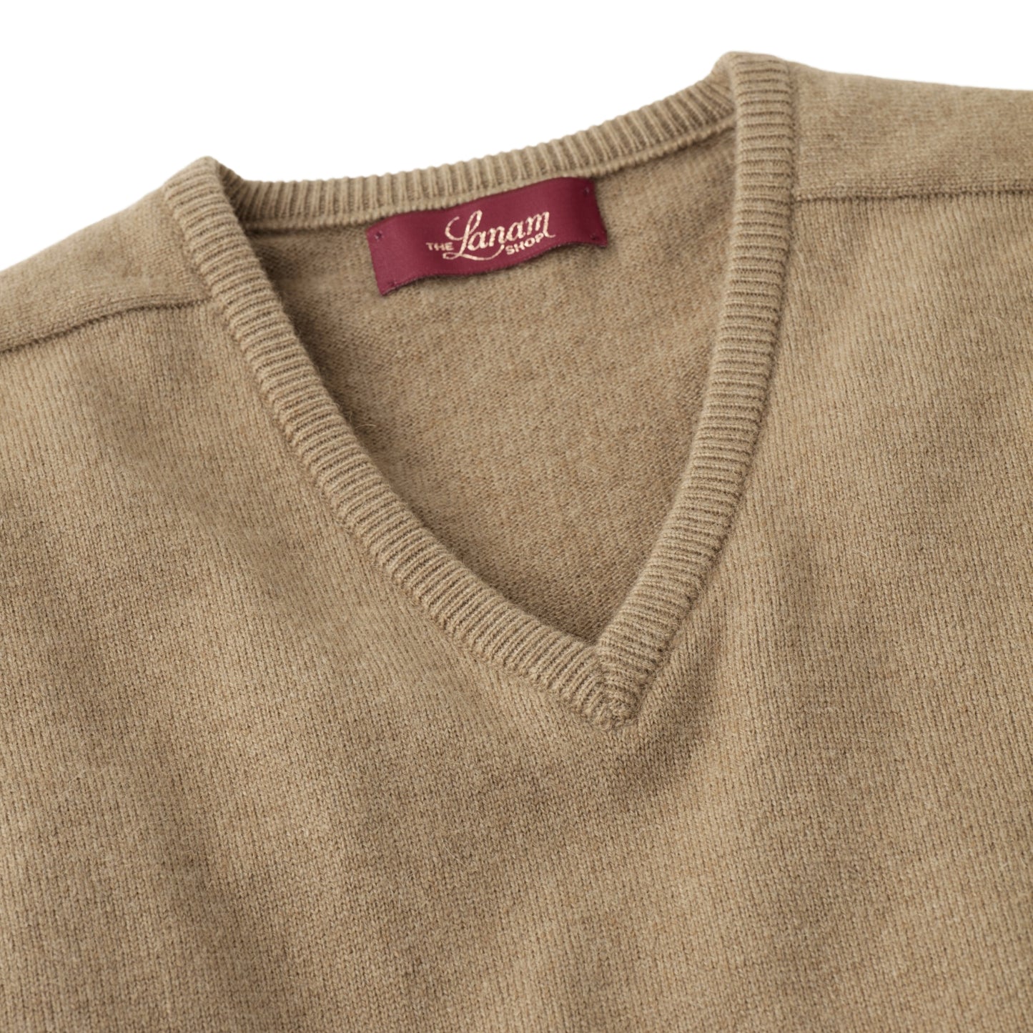 Men's Camel Hair V-Neck Sweater with Saddle Shoulder