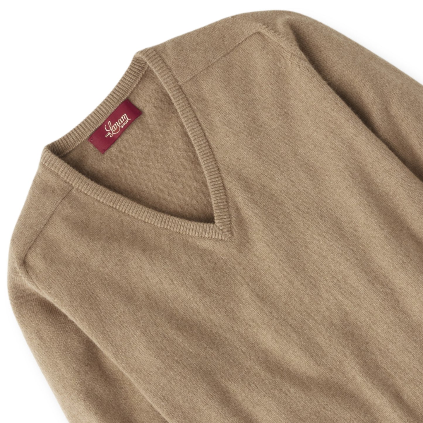 Men's Camel Hair V-Neck Sweater with Saddle Shoulder