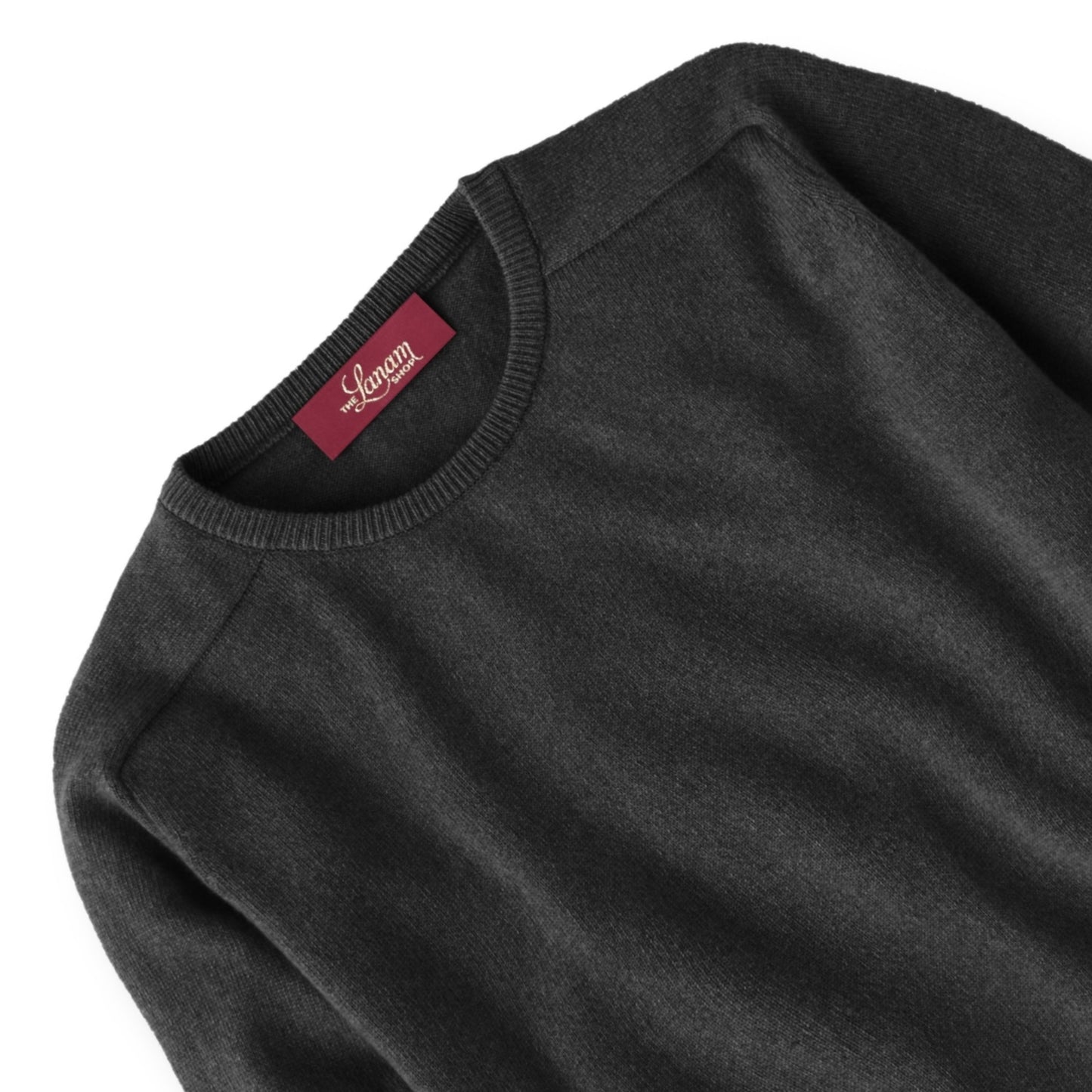 Men's Cashmere Crew Neck Sweater With Saddle Shoulder in Charcoal