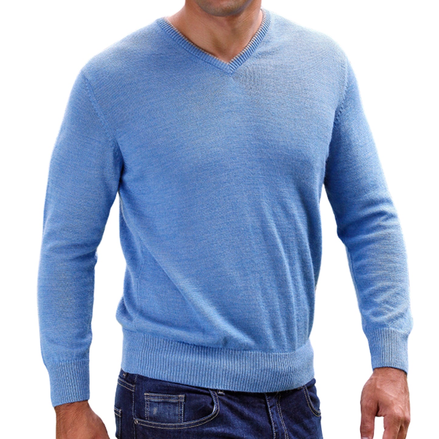 Men's Royal Alpaca V-Neck Sweater With Contrast Collar