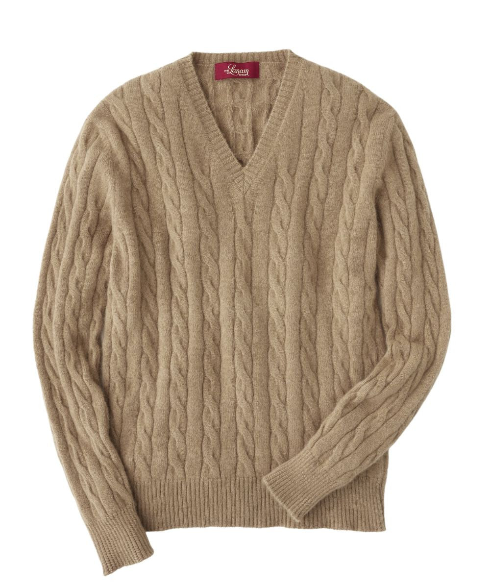 Men's Camel Hair Cable Knit V-Neck Sweater Made in Scotland