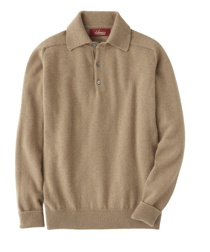 Men's Camel Hair Polo Sweater with Saddle Shoulder Made in Scotland