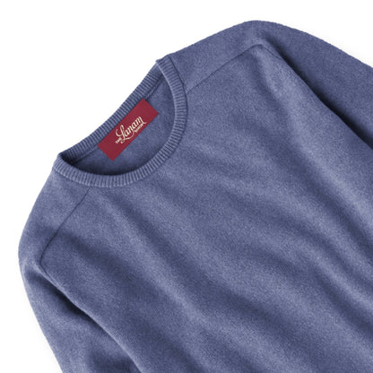 Men's Cashmere Crew Neck Sweater With Saddle Shoulder in Lapis | The Lanam Shop
