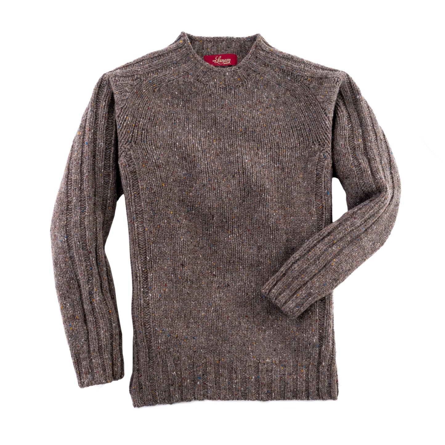 Men's Donegal Lambswool Crew Neck Sweater with Rib Knit Detail | Brown Donegal