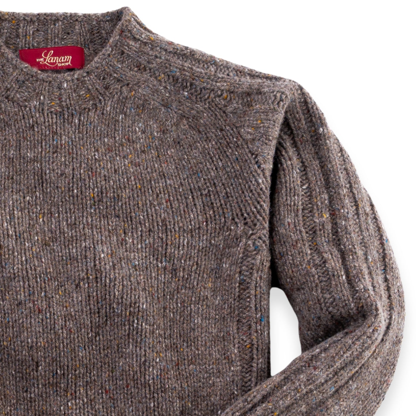 Men's Donegal Lambswool Crew Neck Sweater with Rib Knit Detail | Brown Donegal