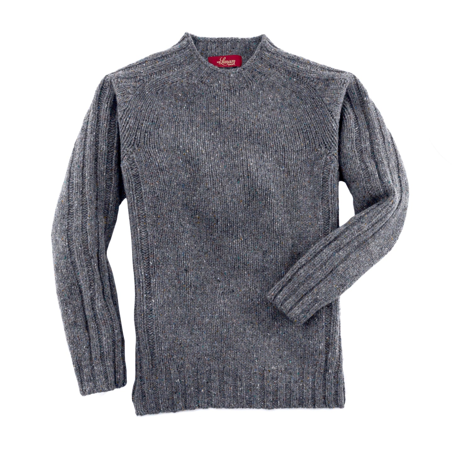 Men's Donegal Lambswool Crew Neck Sweater with Rib Knit Detail | Charcoal Grey Donegal