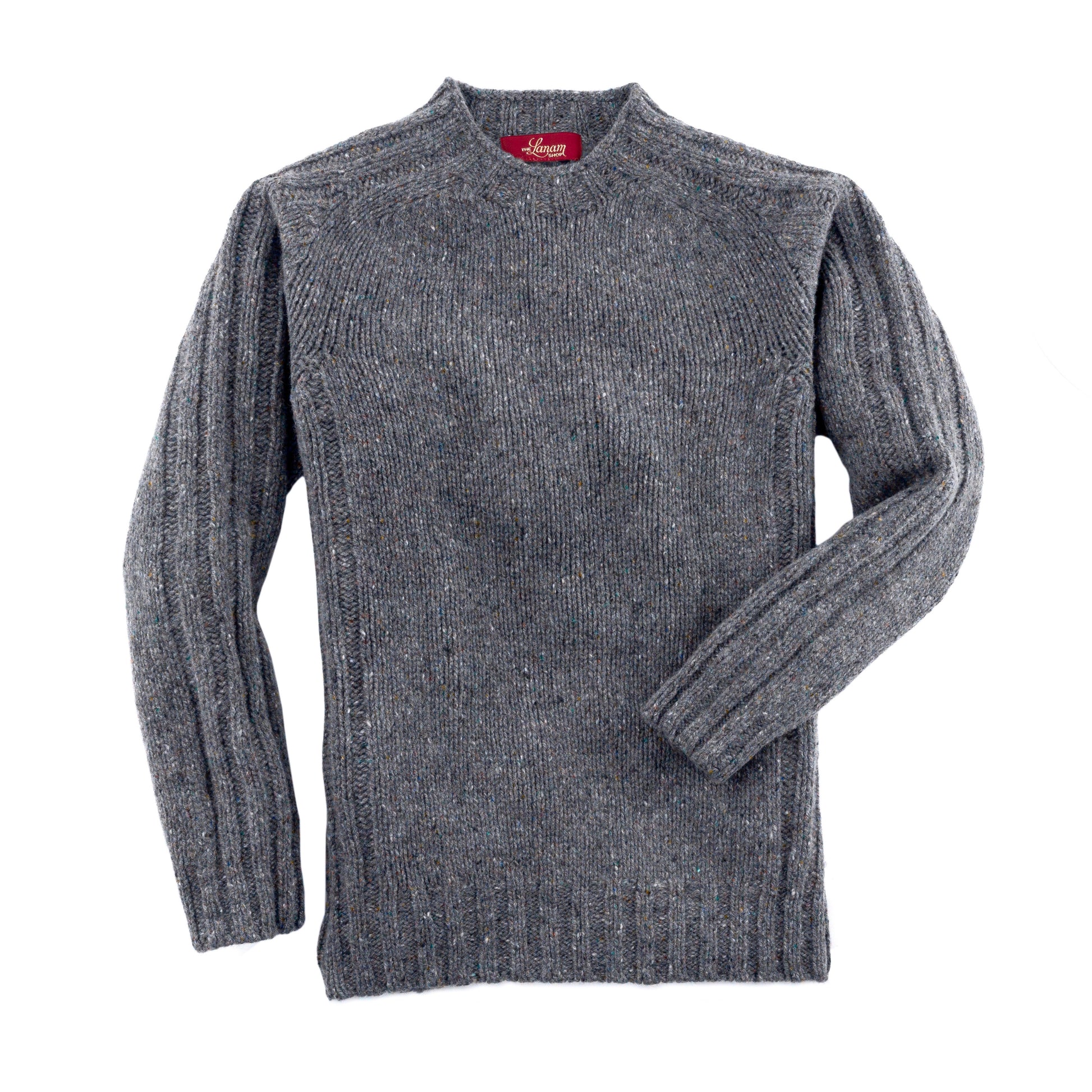 Men's Donegal Lambswool Crew Neck Sweater with Rib Knit Detail | Charcoal Grey Donegal