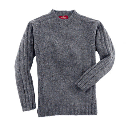 Men's Donegal Lambswool Crew Neck Sweater with Rib Knit Detail | Charcoal Grey Donegal