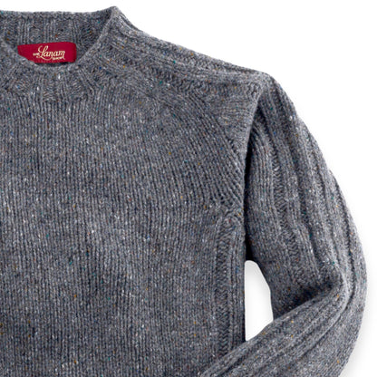 Men's Donegal Lambswool Crew Neck Sweater with Rib Knit Detail | Charcoal Grey Donegal