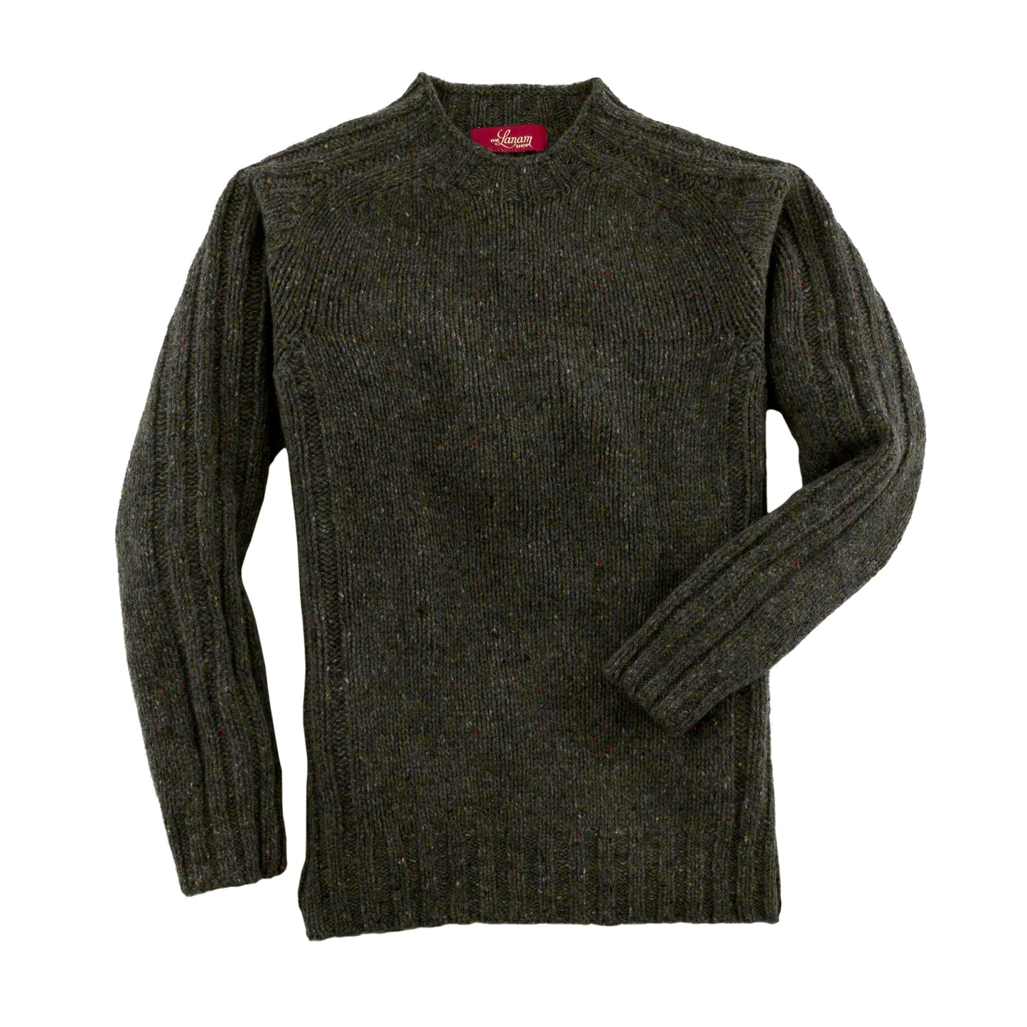 Men's Donegal Lambswool Crew Neck Sweater with Rib Knit Detail | Forest Green Donegal