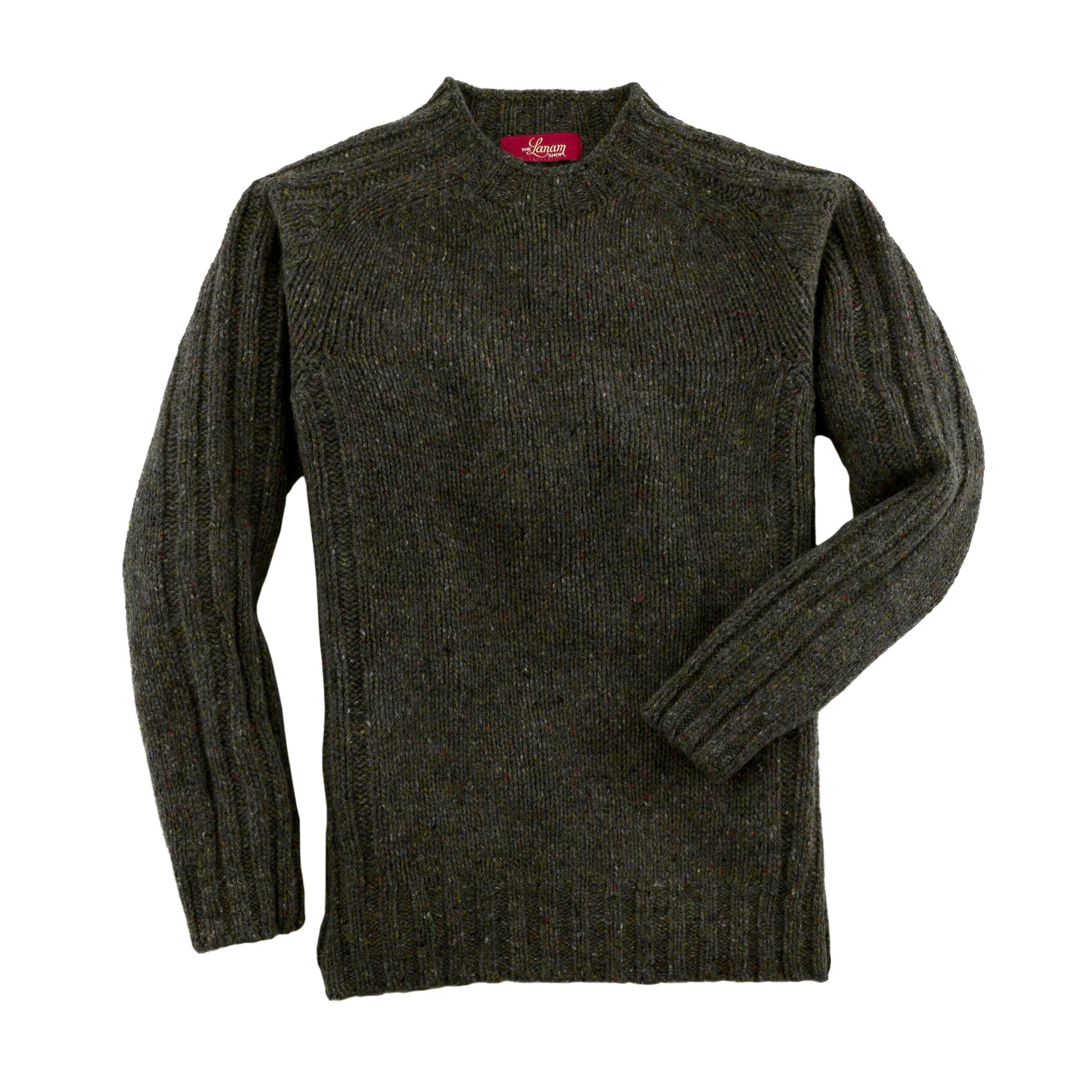 Men's Donegal Lambswool Crew Neck Sweater with Rib Knit Detail | Forest Green Donegal