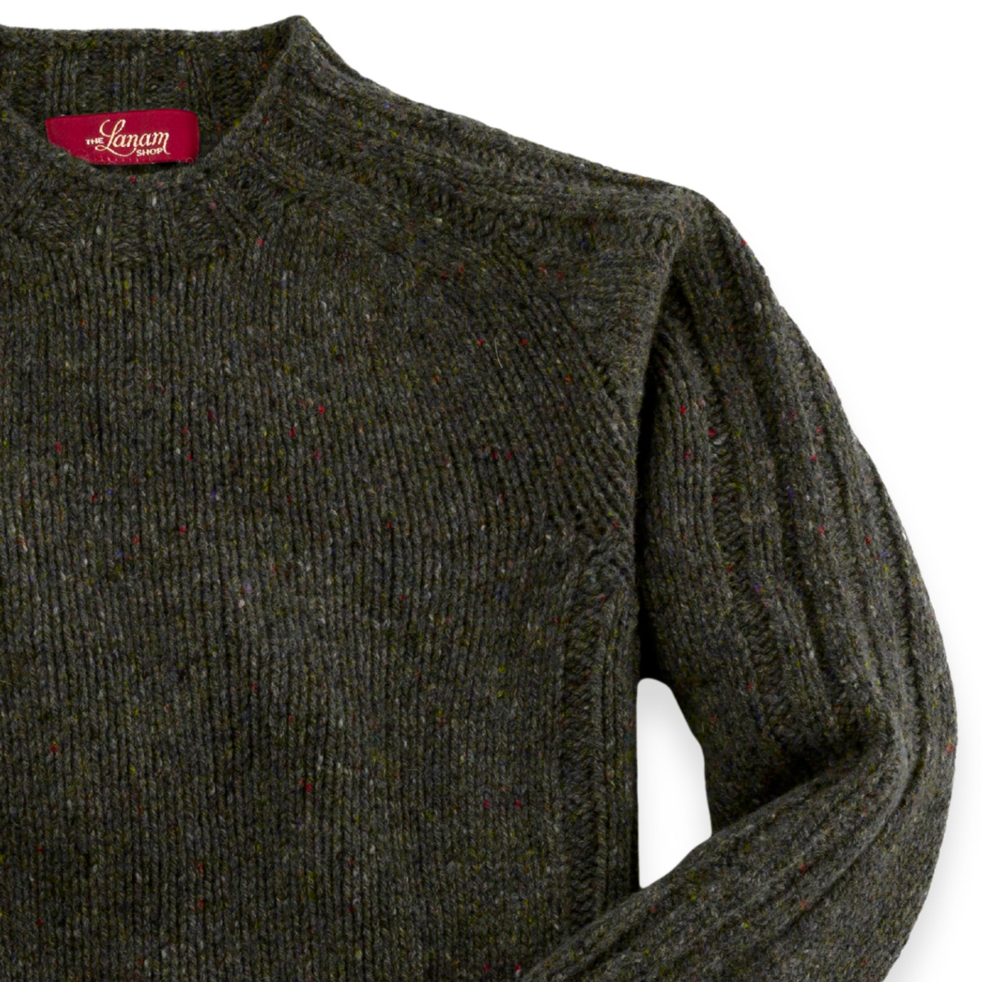 Men's Donegal Lambswool Crew Neck Sweater with Rib Knit Detail | Forest Green Donegal