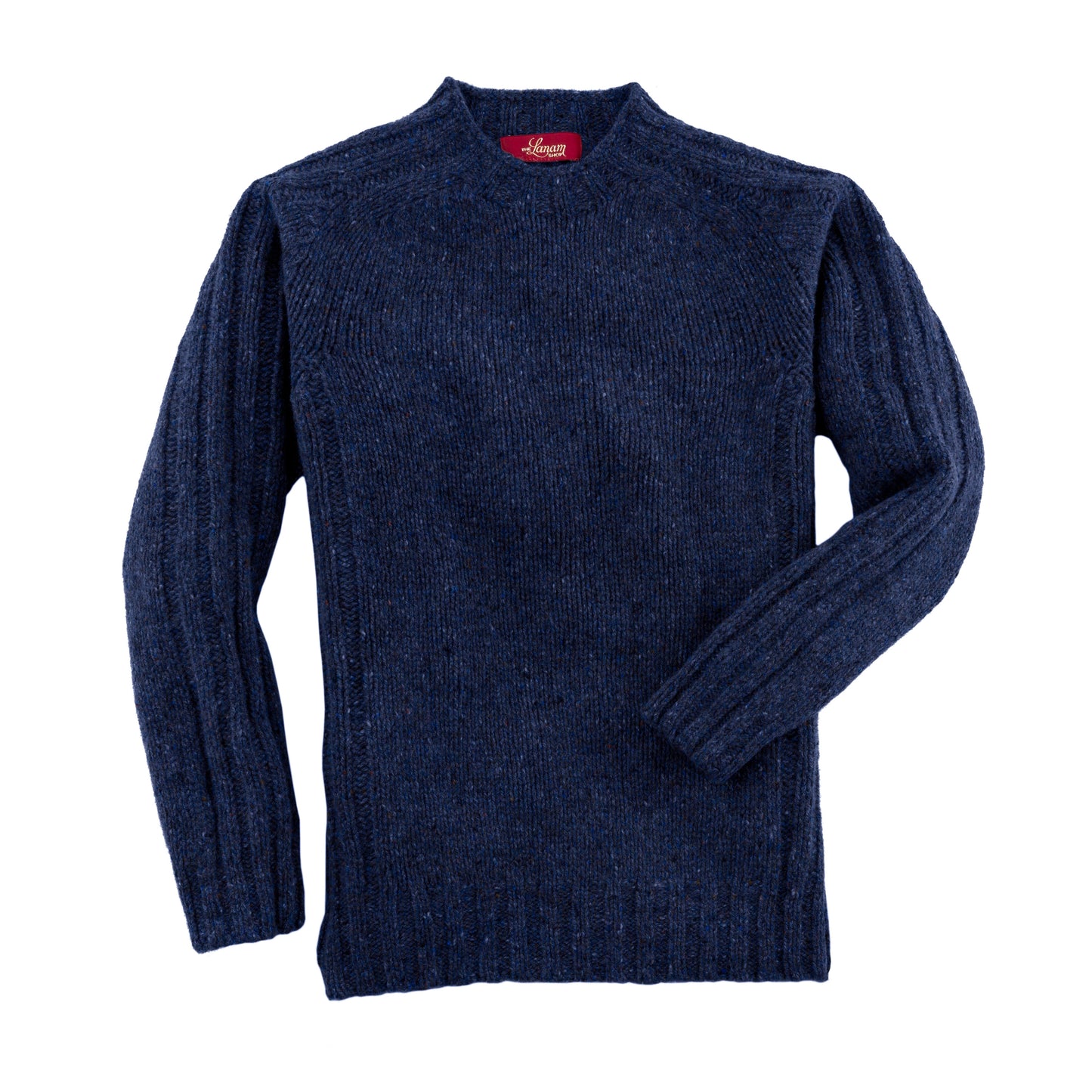 Men's Donegal Lambswool Crew Neck Sweater with Rib Knit Detail | Navy Blue Donegal