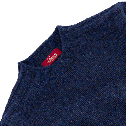 Men's Donegal Lambswool Crew Neck Sweater with Rib Knit Detail | Navy Blue Donegal
