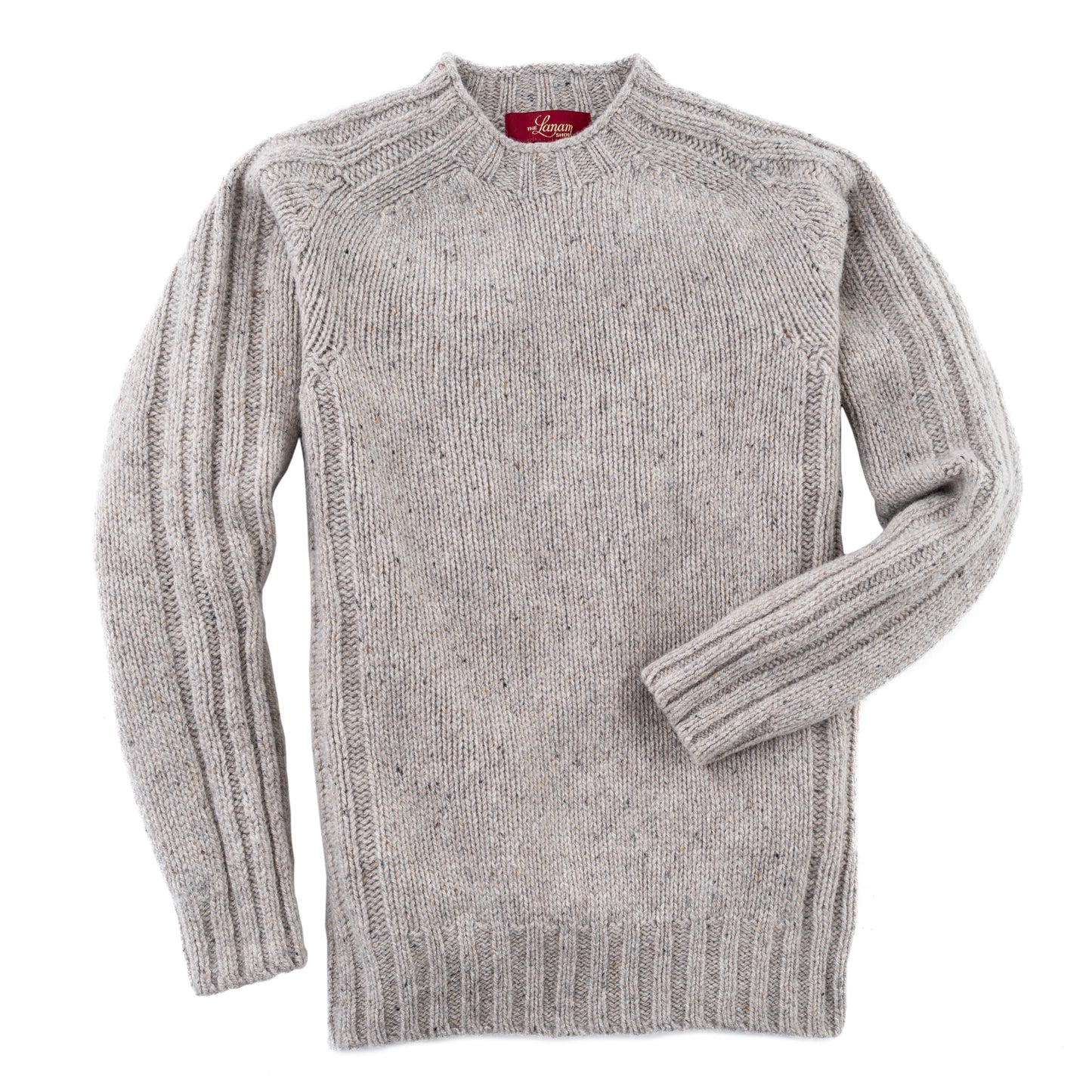 Men's Donegal Lambswool Crew Neck Sweater with Rib Knit Detail | Silver Beige Donegal